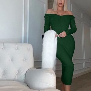 💕 GREEN Women's Sexy Long Sleeve Off Shoulder Knit Bodycon Long Dress *NEW*